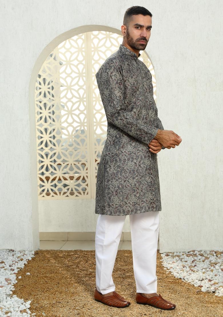 Grey Paisley Cotton Kurta For Men