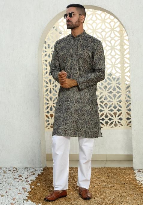 Grey Paisley Cotton Kurta For Men — view on Indya