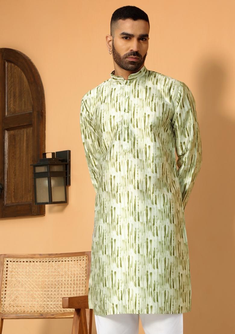 Green Tie Dye Silk Blend Kurta For Men