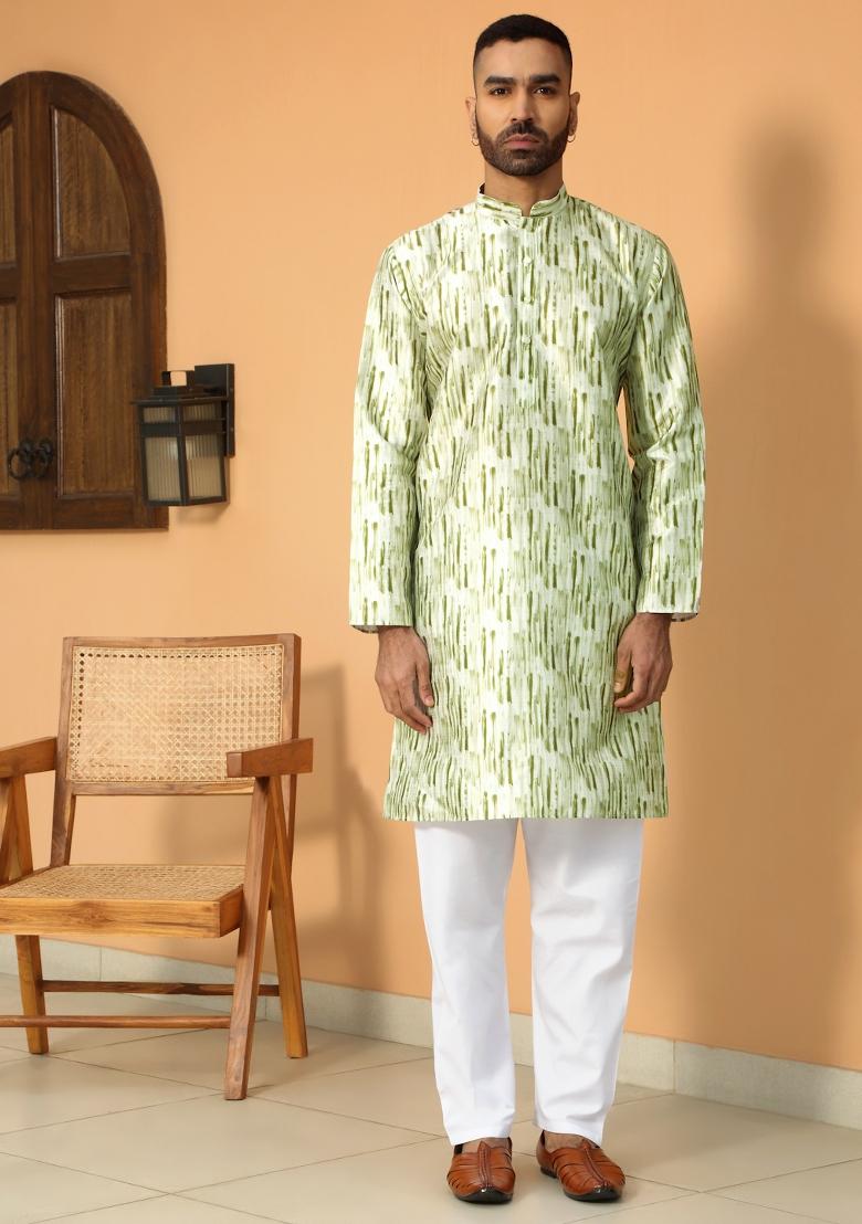 Green Tie Dye Silk Blend Kurta For Men