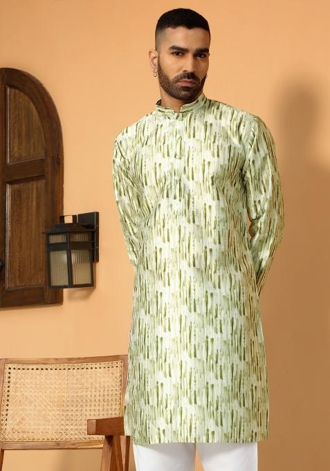 Green Tie Dye Silk Blend Kurta For Men