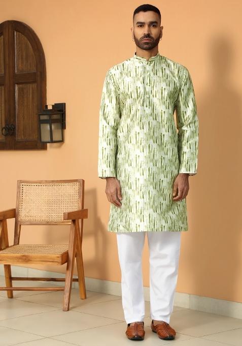 Green Tie Dye Silk Blend Kurta For Men