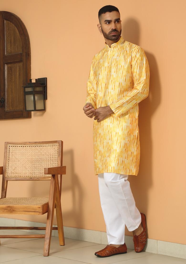 Yellow Tie Dye Silk Blend Kurta For Men