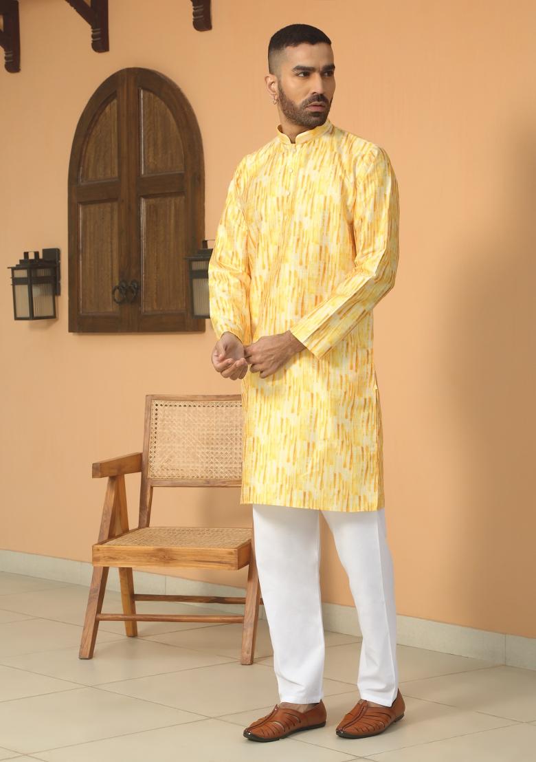 Yellow Tie Dye Silk Blend Kurta For Men