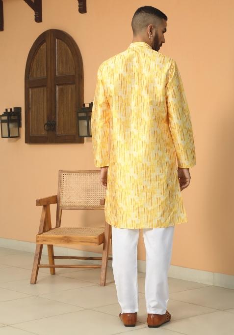 Yellow Tie Dye Silk Blend Kurta For Men
