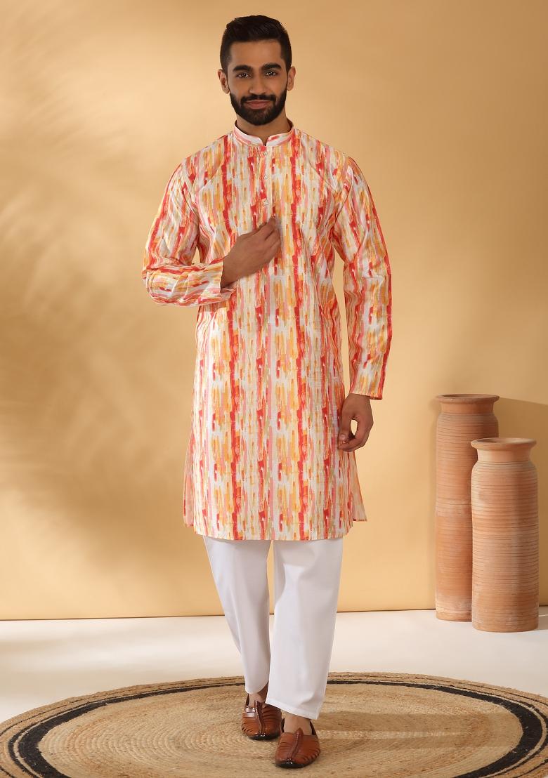 Yellow Tie Dye Silk Blend Kurta For Men