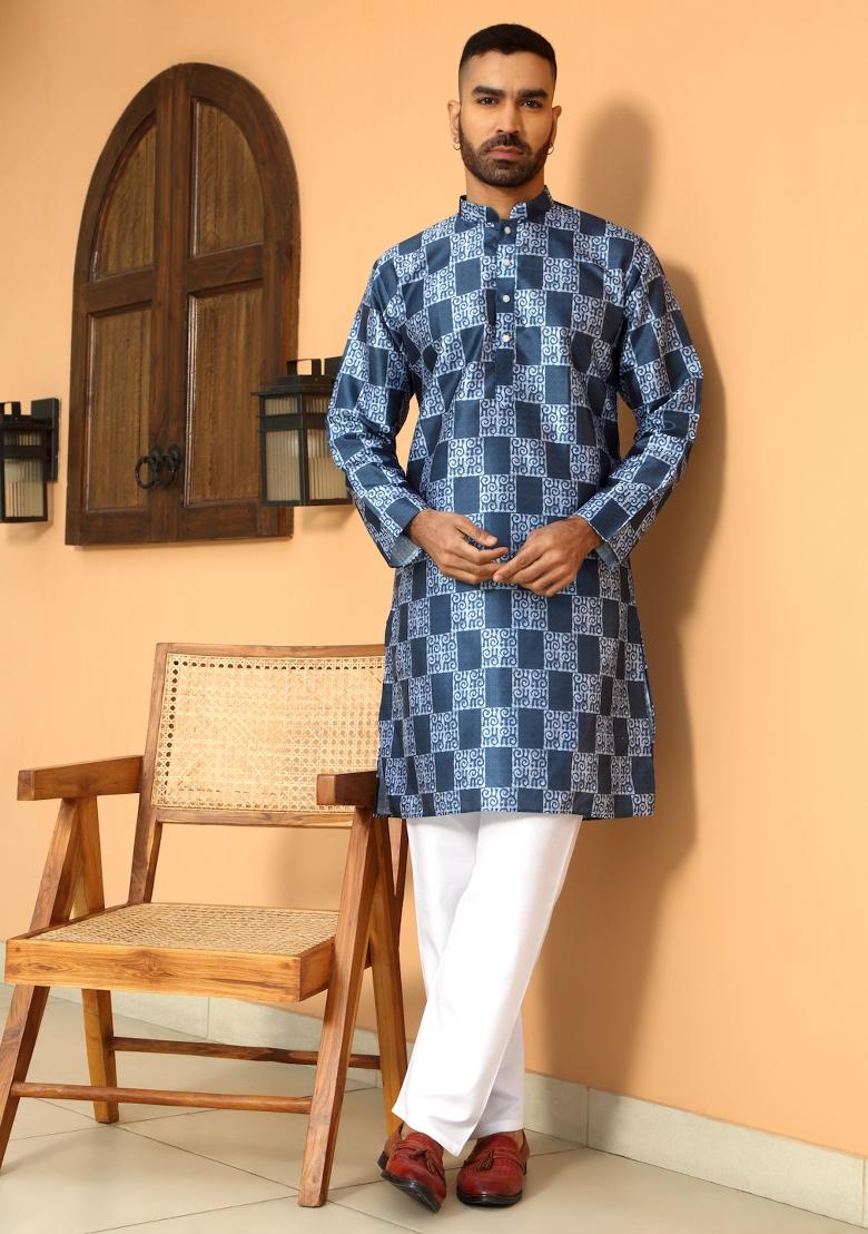 Blue Batik Silk Blend Kurta For Men
