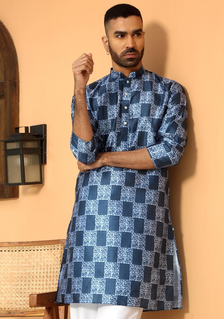 Blue Batik Silk Blend Kurta For Men