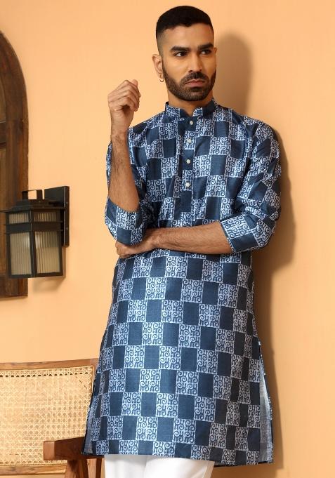Blue Batik Silk Blend Kurta For Men