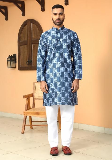 Blue Batik Silk Blend Kurta For Men
