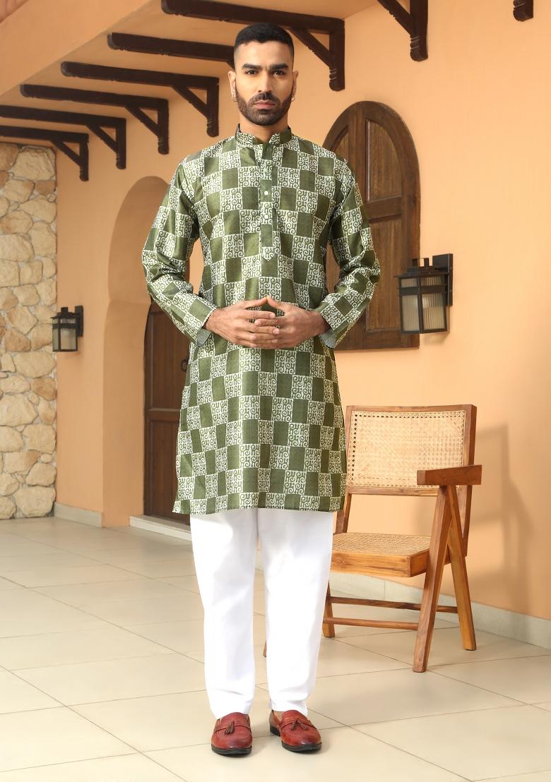 Mehendi Green Batik Silk Blend Kurta For Men