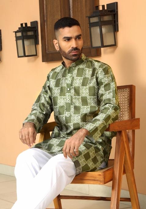 Mehendi Green Batik Silk Blend Kurta For Men