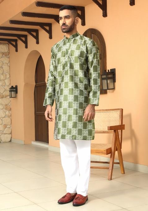 Mehendi Green Batik Silk Blend Kurta For Men