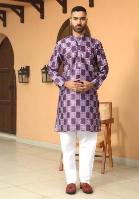 Purple Batik Silk Blend Kurta For Men