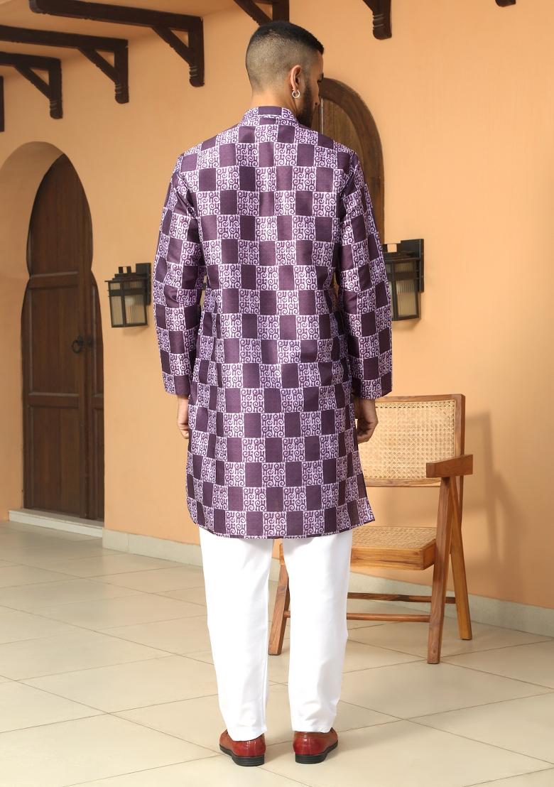 Purple Batik Silk Blend Kurta For Men