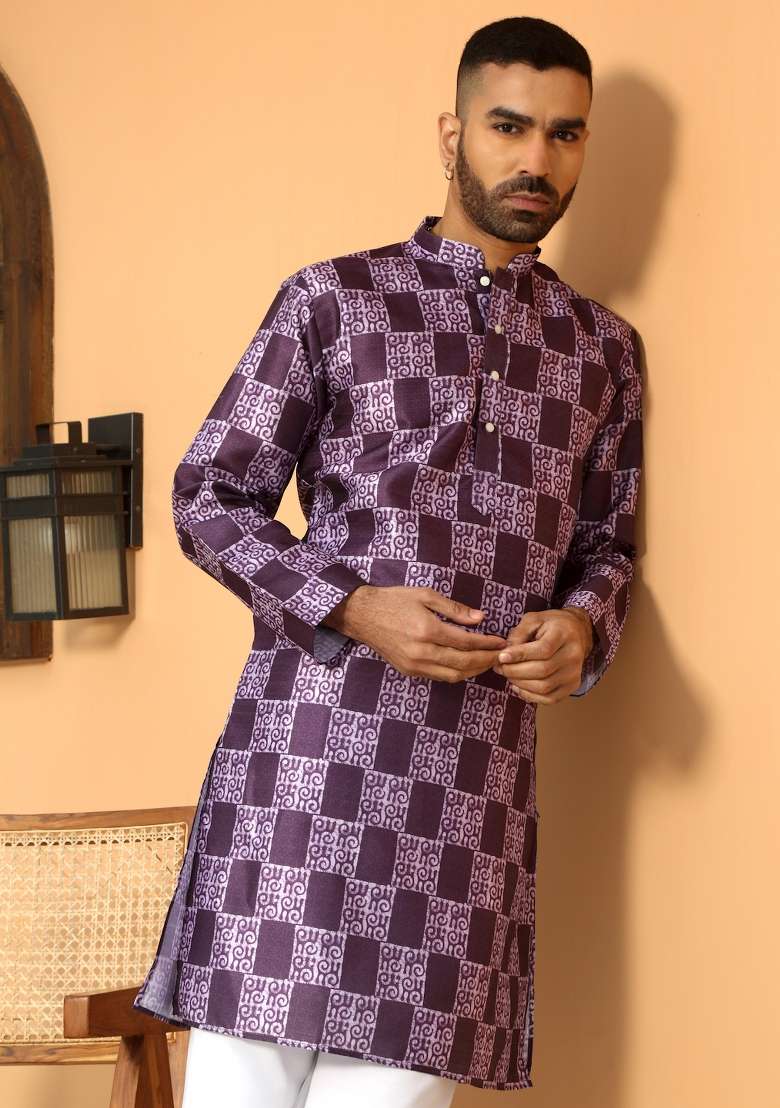 Purple Batik Silk Blend Kurta For Men - Indya