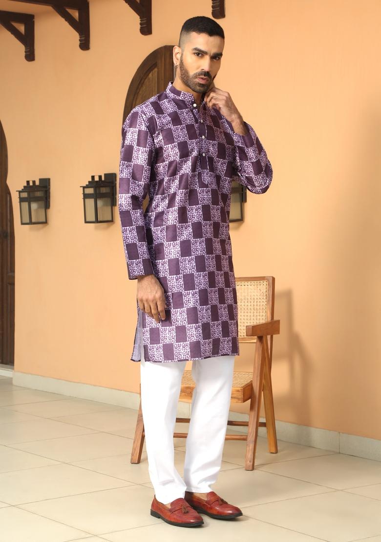 Purple Batik Silk Blend Kurta For Men