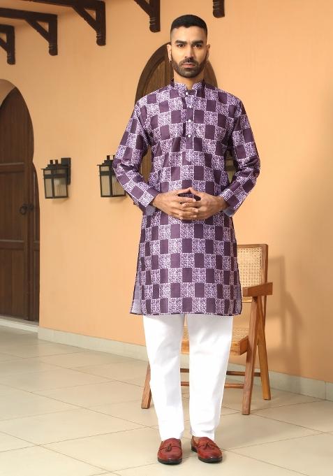 Purple Batik Silk Blend Kurta For Men — view on Indya