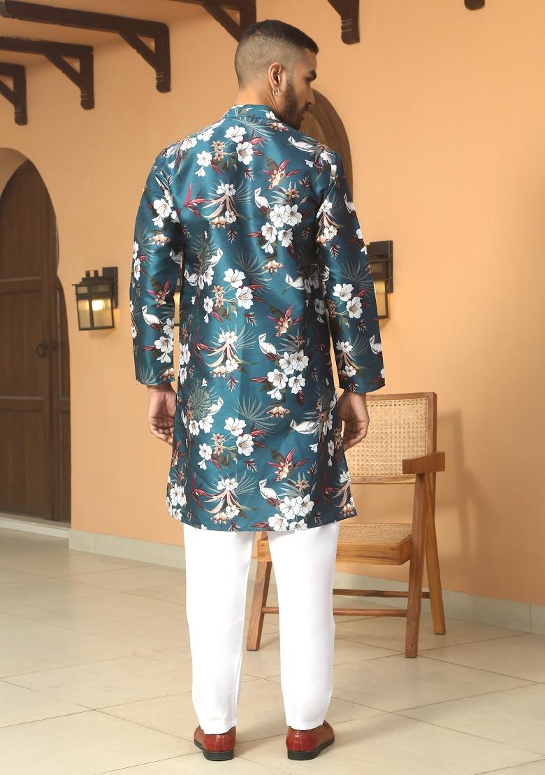 Blue Floral Silk Blend Kurta For Men