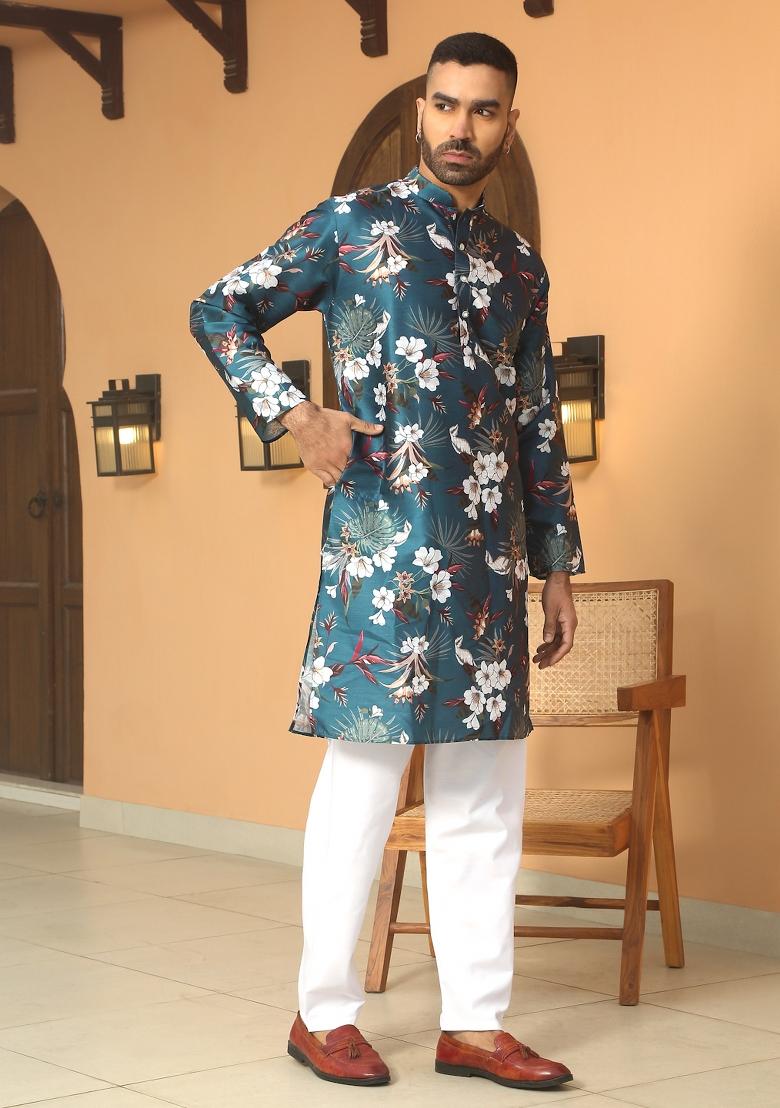 Blue Floral Silk Blend Kurta For Men