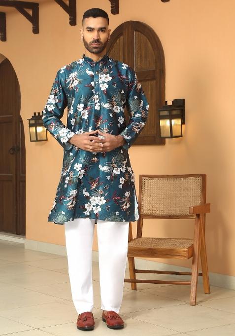 Blue Floral Silk Blend Kurta For Men