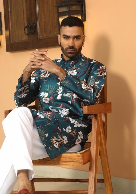 Blue Floral Silk Blend Kurta For Men