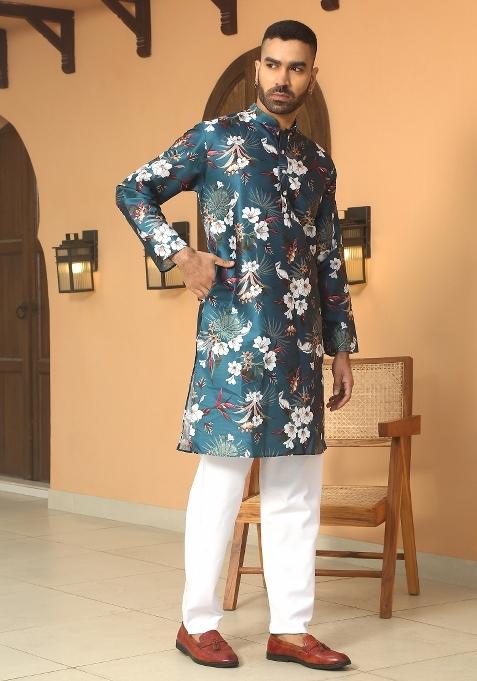 Blue Floral Silk Blend Kurta For Men