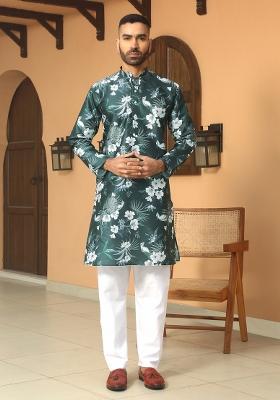 Green Floral Silk Blend Kurta For Men