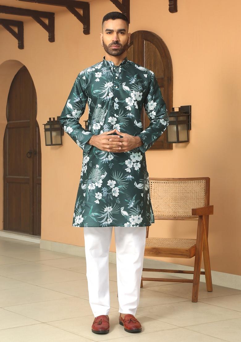 Green Floral Silk Blend Kurta For Men