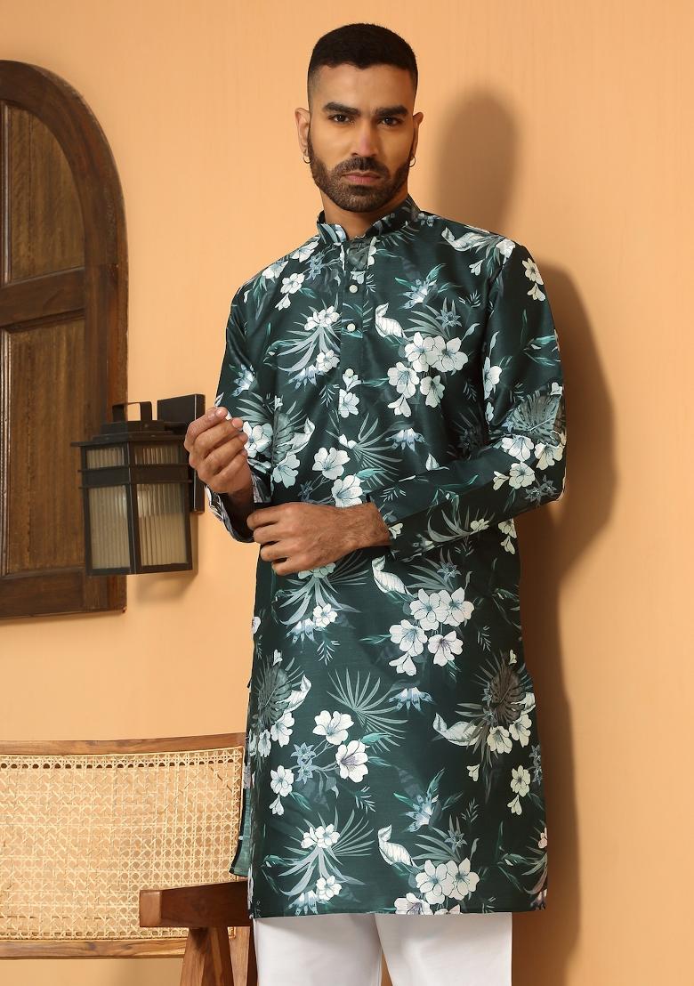 Green Floral Silk Blend Kurta For Men