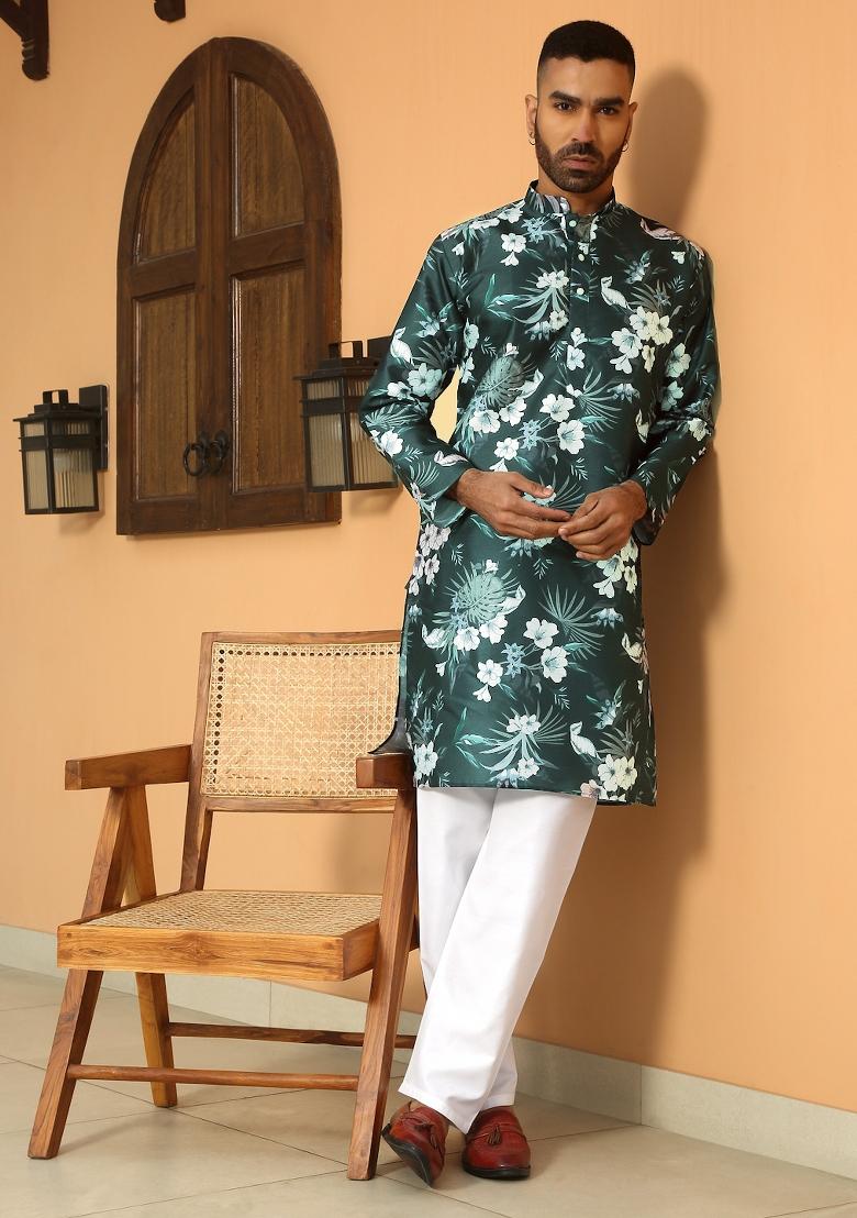 Green Floral Silk Blend Kurta For Men