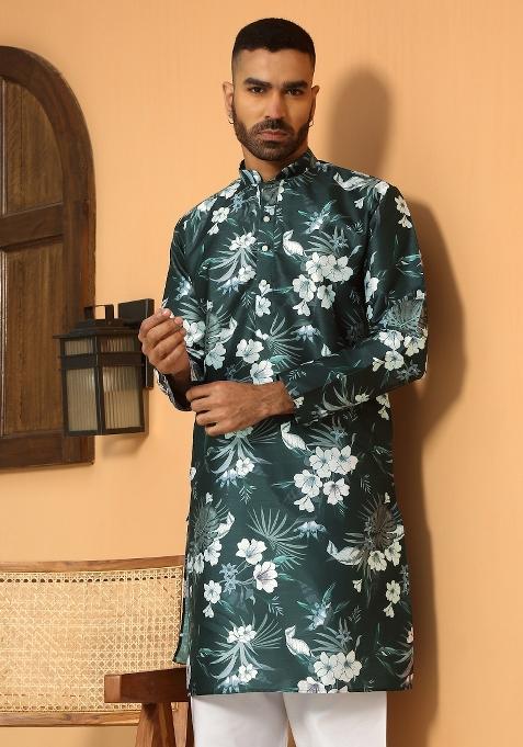 Green Floral Silk Blend Kurta For Men