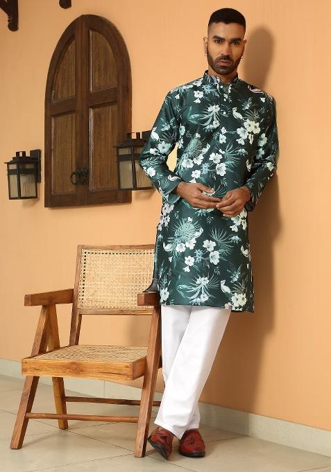 Green Floral Silk Blend Kurta For Men