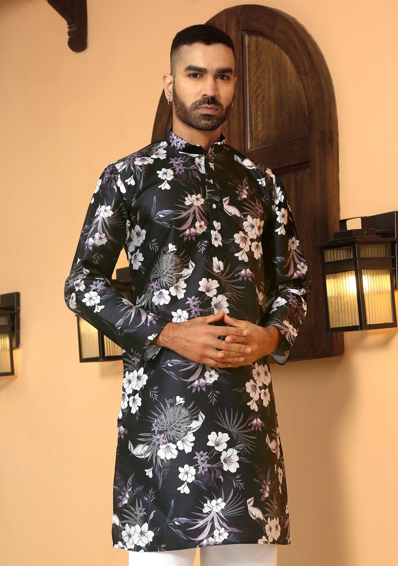 Wine Floral Silk Blend Kurta For Men