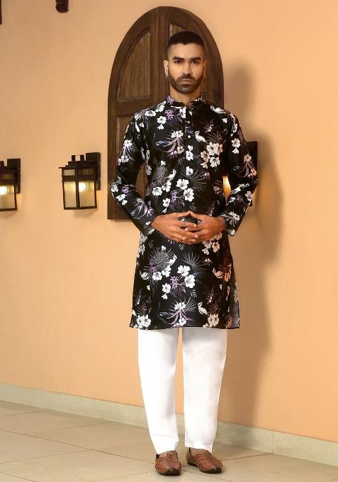 Wine Floral Silk Blend Kurta For Men