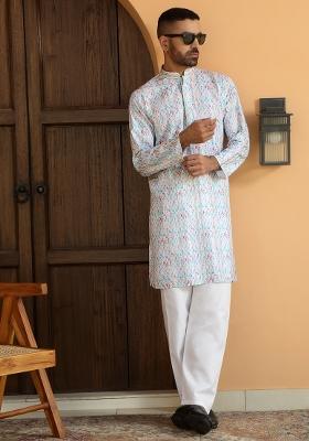 Turquoise Blue Geometric Cotton Kurta For Men