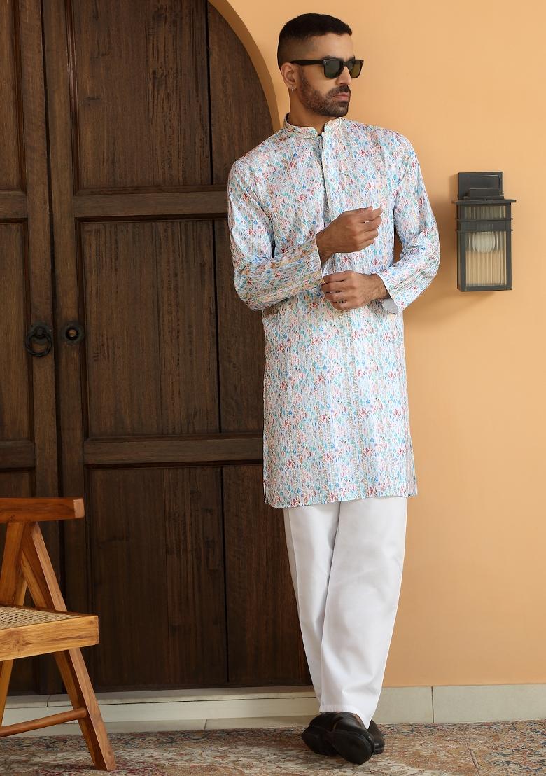 Turquoise Blue Geometric Cotton Kurta For Men