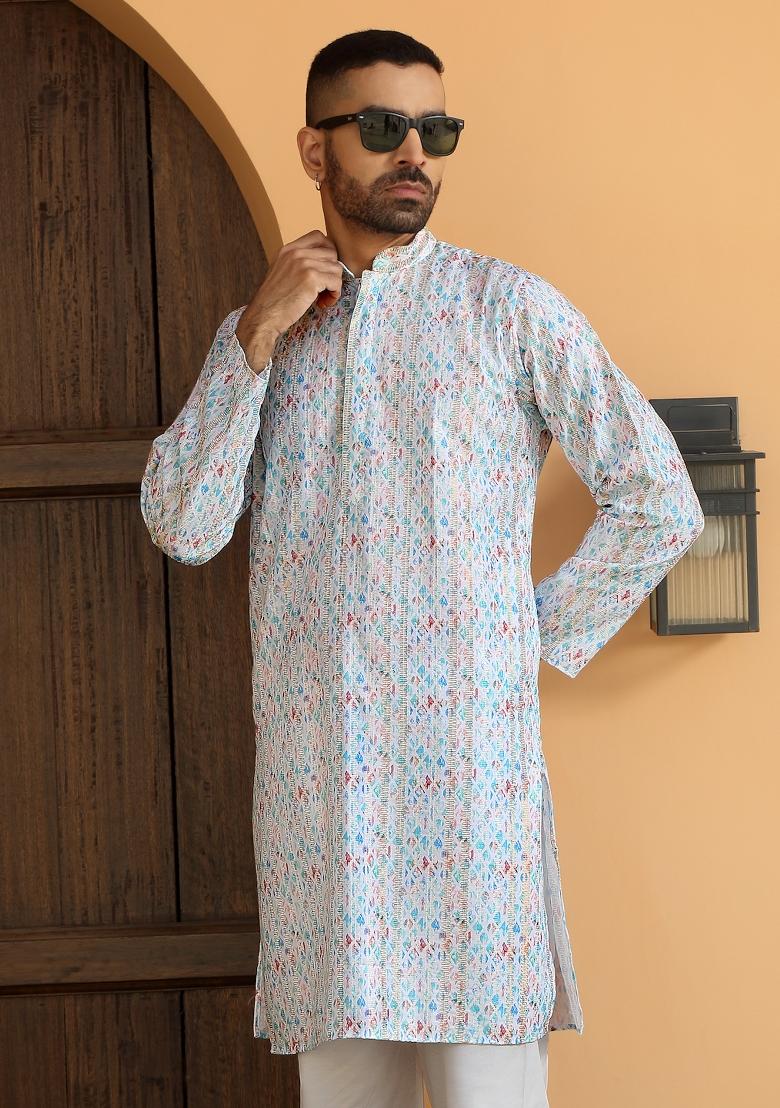 Turquoise Blue Geometric Cotton Kurta For Men