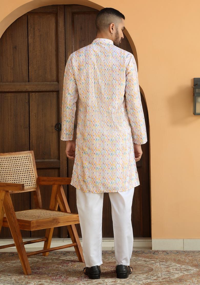 Yellow Geometric Cotton Kurta For Men