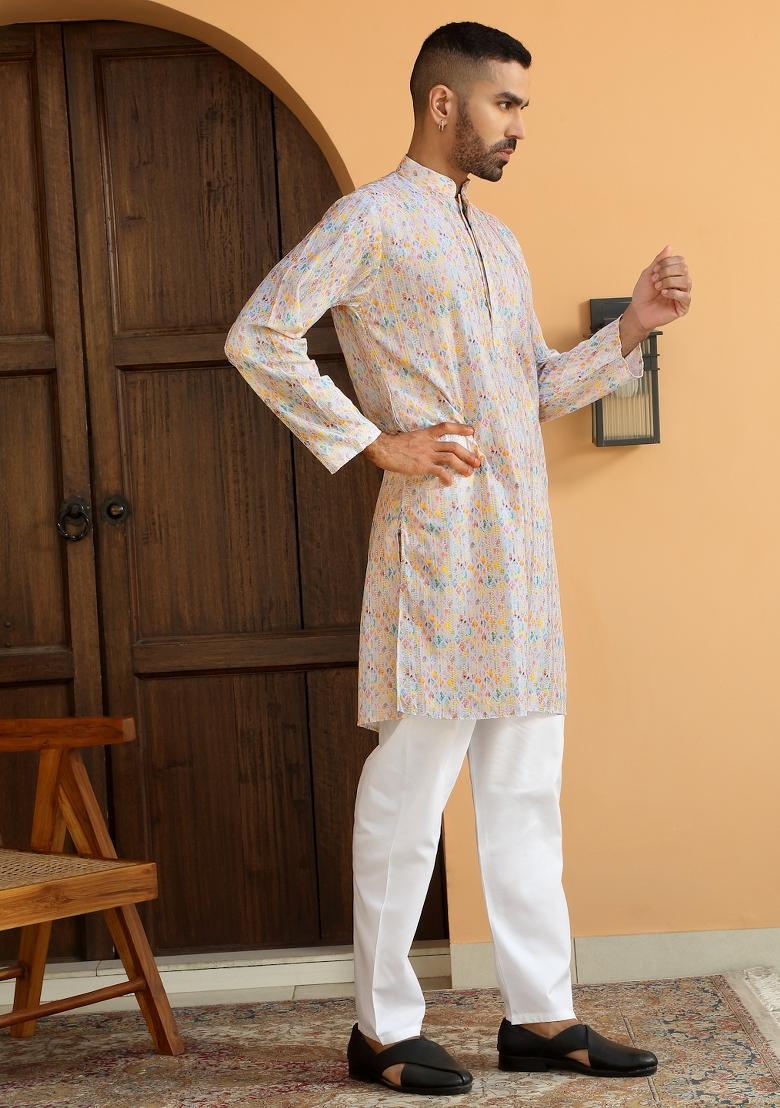 Yellow Geometric Cotton Kurta For Men