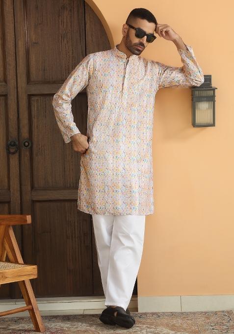 Yellow Geometric Cotton Kurta For Men