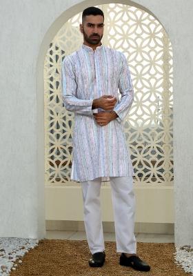 Green Floral Cotton Kurta For Men