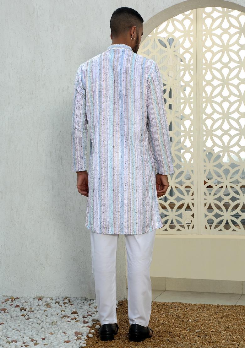 Green Floral Cotton Kurta For Men