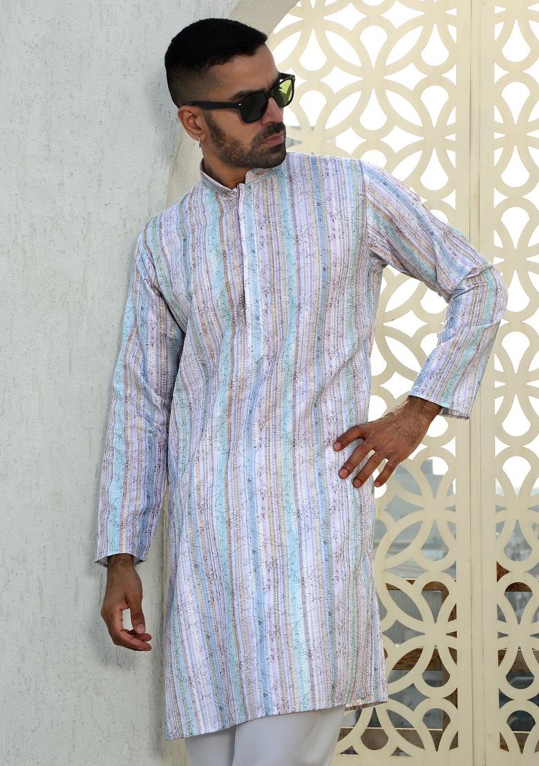 Green Floral Cotton Kurta For Men