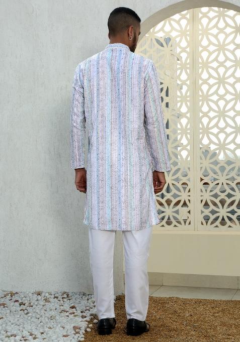 Green Floral Cotton Kurta For Men