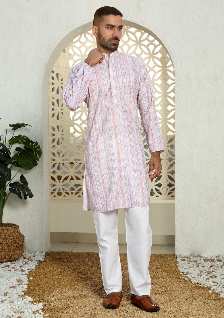 Mauve Floral Cotton Kurta For Men