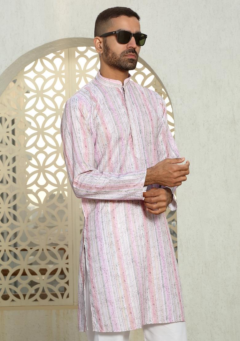 Mauve Floral Cotton Kurta For Men
