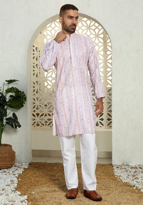 Mauve Floral Cotton Kurta For Men