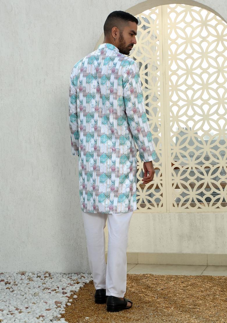 Multi Geometric Cotton Kurta For Men