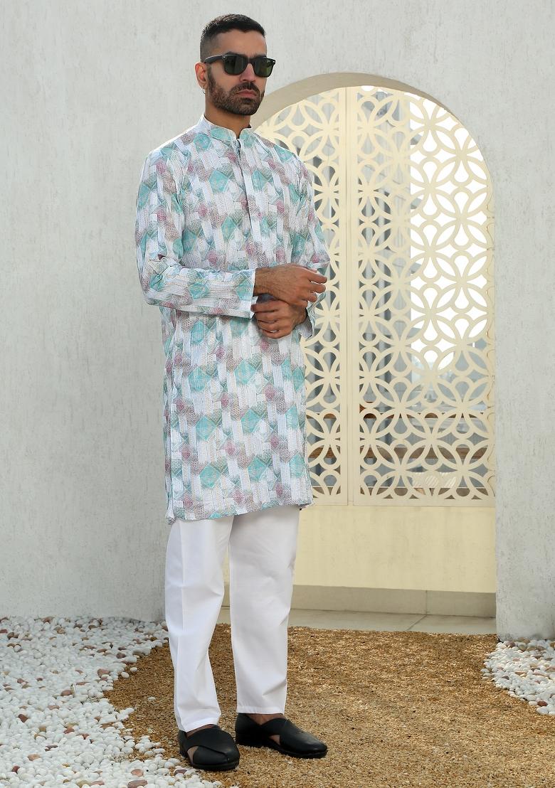 Multi Geometric Cotton Kurta For Men